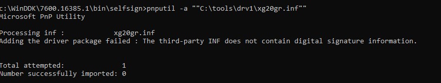 Adding the driver package failed: The third-party INF does not contain digital signature information.