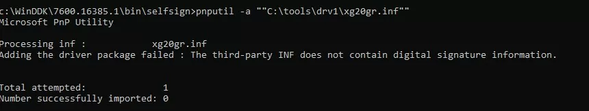 Adding the driver package failed: The third-party INF does not contain digital signature information.