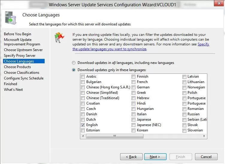 select wsus languages