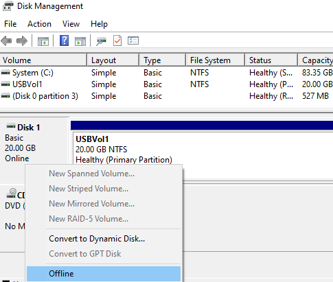 disk management - set usb drive offline on hyper-v