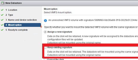 connect vmfs keep existing signature
