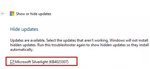 select a windows update to hide (block)