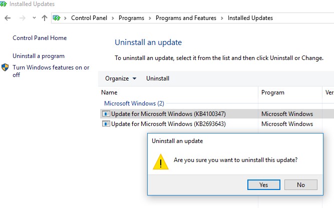 uninstall windows update from the control panel