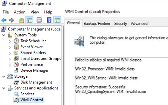 wmi error: Failed to initialize all required WMI classes Invalid namespace