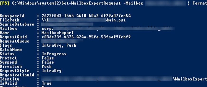 Get-MailboxExportRequest status