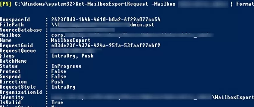 Get-MailboxExportRequest status