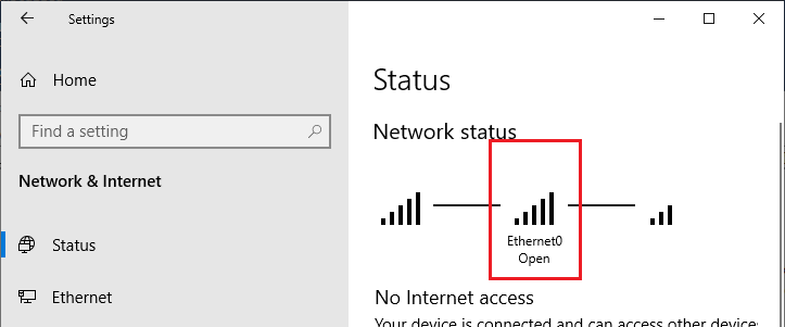 win 10 - network status open for ethernet0 NIC