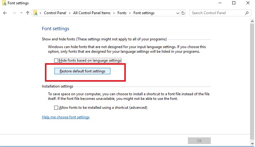 Restore default font settings button in Windows 10