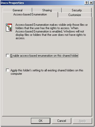 Enable access-based enumeration on this shared folder Windows Server 2003