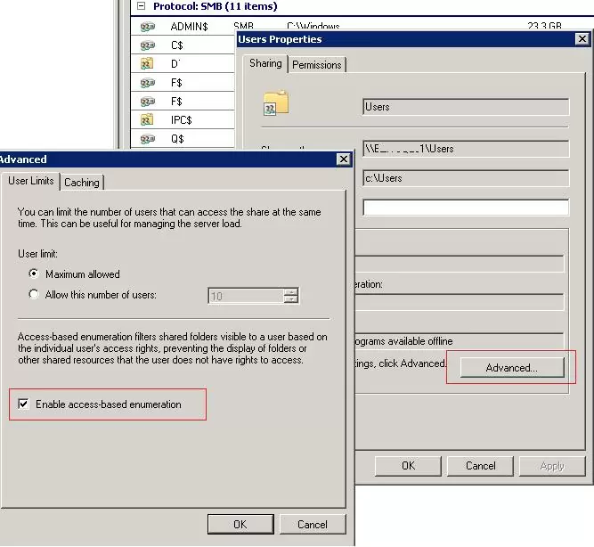 Enable access based enumeration on Windows Server 2008 share
