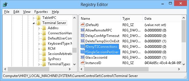 fDenyTSConnections - Enable RDP connections Windows 8