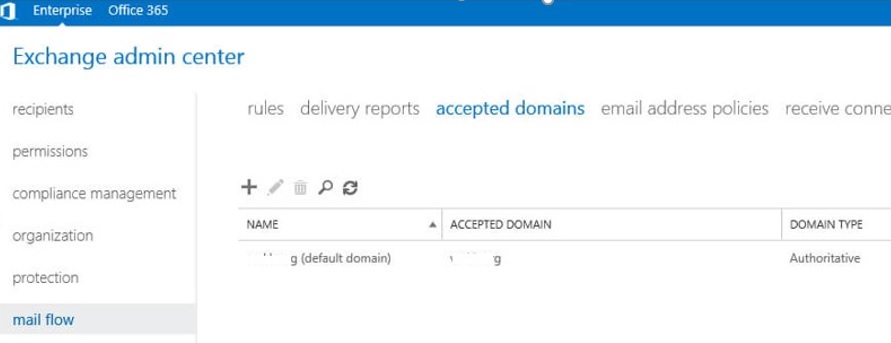 exchange server -> mail flow -> accepted domains