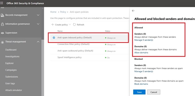 office365 security and compliance center: anti-spam policies