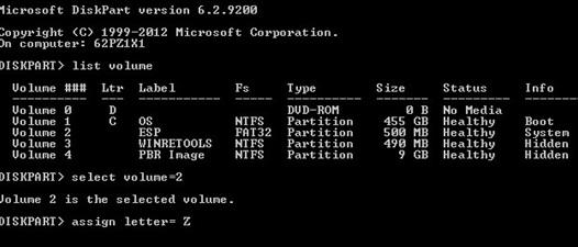 find esp and efi partition using diskpart