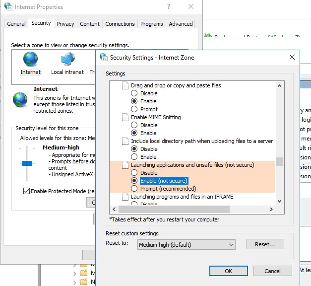 ie security allow to launch applications and unsafe files 