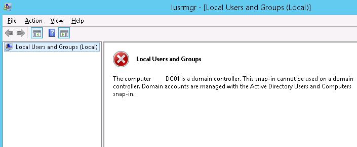Computer xxx is a domain controller.  This snip-in cannot be used on a domain controller.  Domain accounts are managed with the Active Directory Users and Computers snap-in.