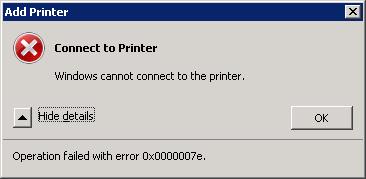 Windows cannot connect to the HP printer. Operation failed with error 0x0000007e