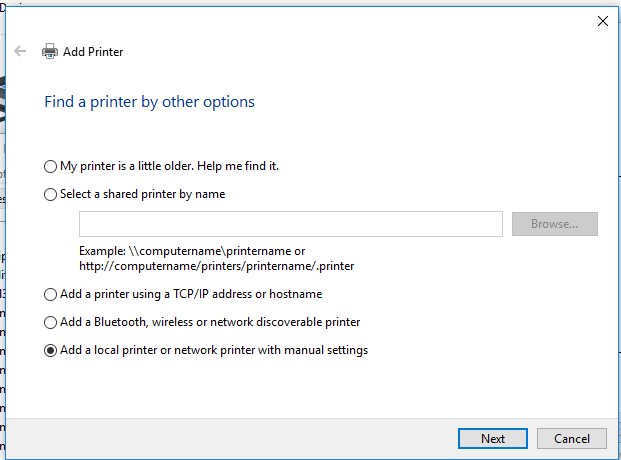 add a local printer from control panel