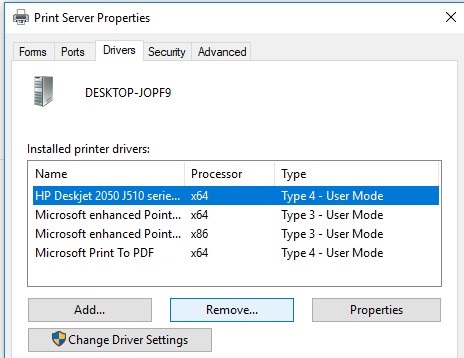 remove old print driver version from server