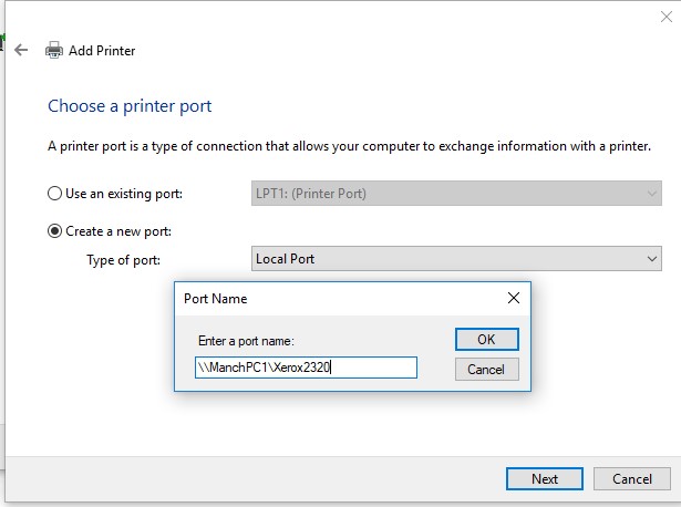 connect shared printer using local port with UNC path