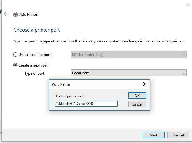 connect shared printer using local port with UNC path