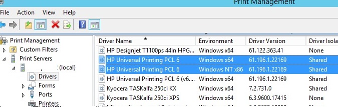 print server installed drivers - HP Universal Printing PCL 6 driver