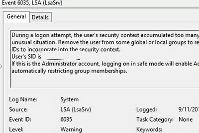 LsaSrv event id 6035: reduce the number of security IDs to incorporate into the security context