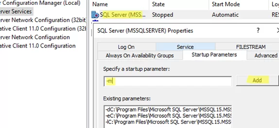 sql server configuration add stratup parameters