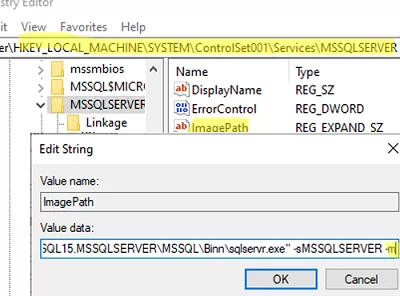sql server run in single user mode via the registry