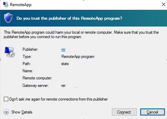 Do you trust the publisher of this RemoteApp program