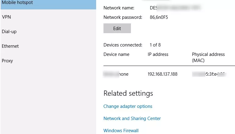 list of connected device to windows 10 mobile hotspot