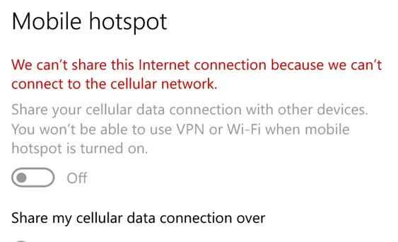 We cannot share this internet connection because we cannot connect to the cellular network