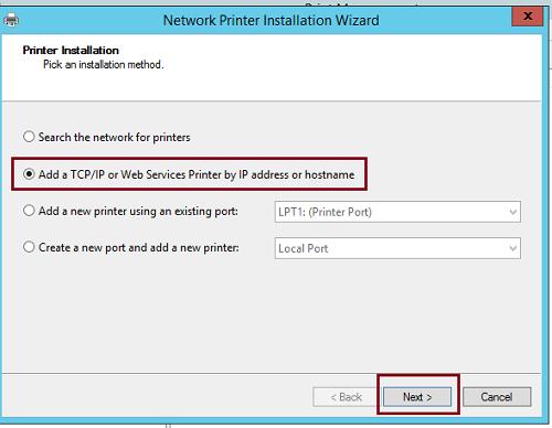 Add a TCP/IP or Web Services Printer by IP address or hostname