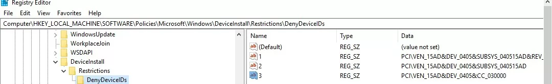Registry deny DeviceInstall -> Restrictions -> DenyDeviceIDs