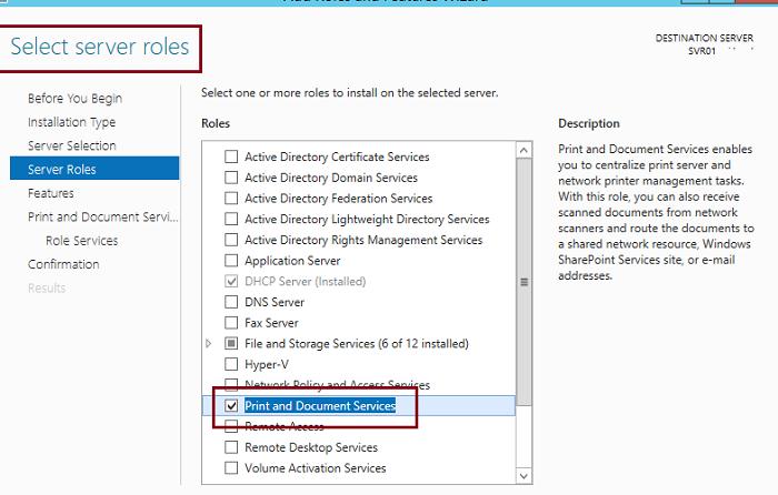 Install Print and Document Services Role on Windows Server 2012 R2