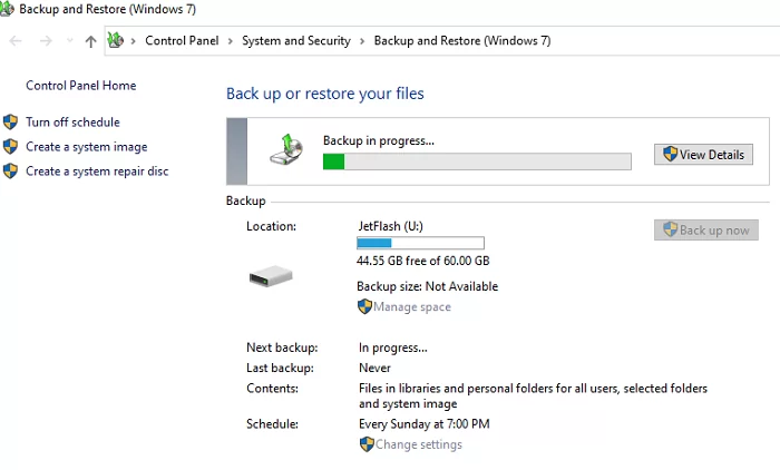 check the backup state on Windows 10