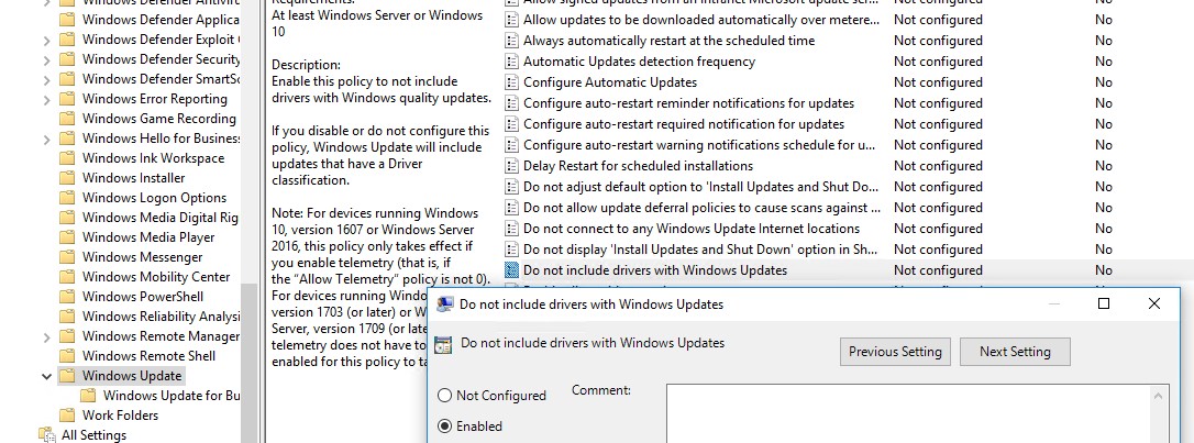 Do not include drivers with Windows Update - group policy