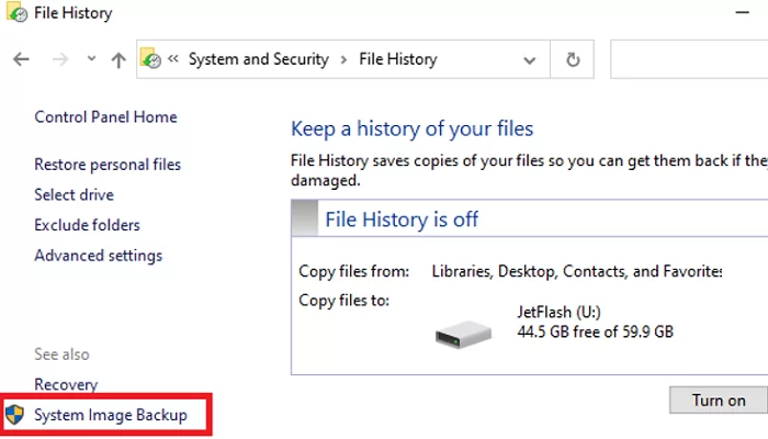 Open the System Image Backup tool on Windows 10