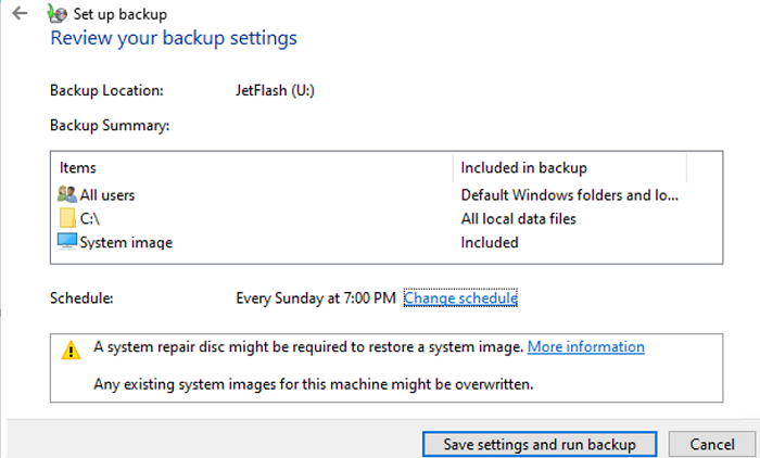 schedule and run the system image backup on windows 10 