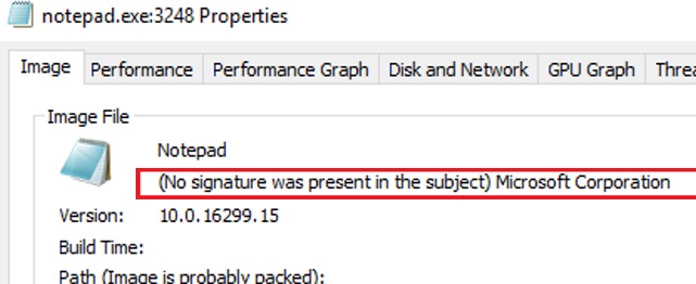 windows native exe processes with the caption No signature was present on the subject Microsoft Corporation