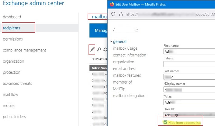 Exchange Admin Center - Hide user or group from address list 