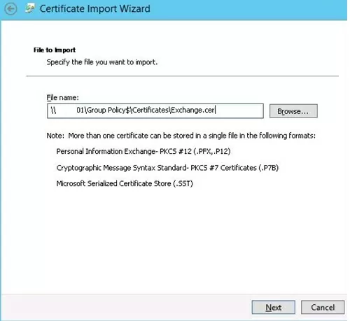 certificate import wizard in gpo