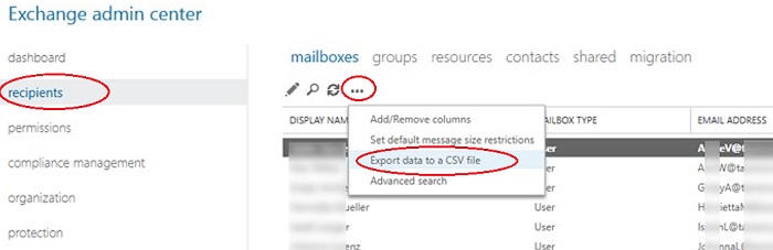 exchange admin center on-premises: export address list to csv file