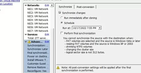 vcenter convertor: synchronize changes