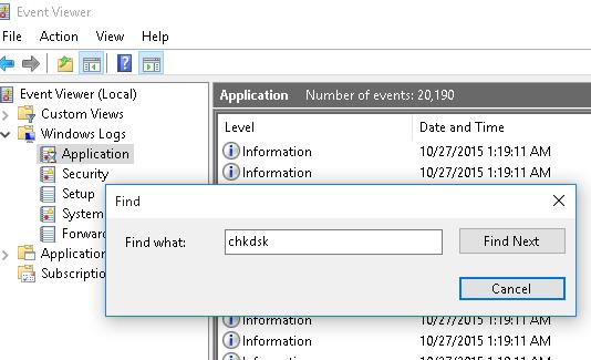 find events with key chkdsk