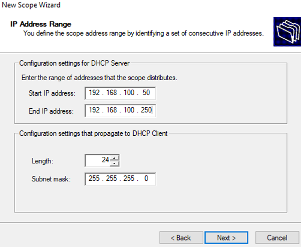 configure dhcp scope IP address range and subnet mask