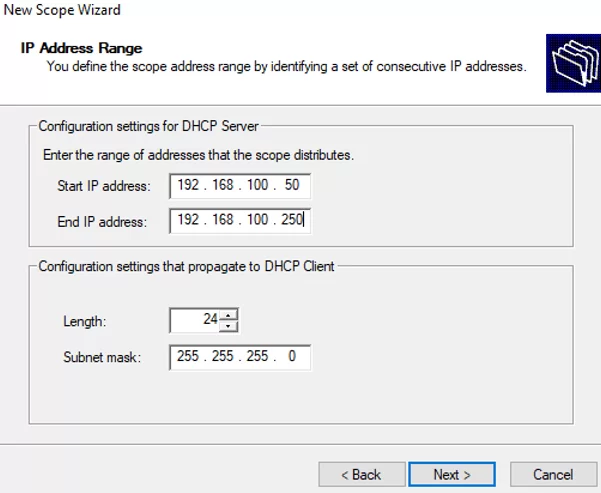 configure dhcp scope IP address range and subnet mask