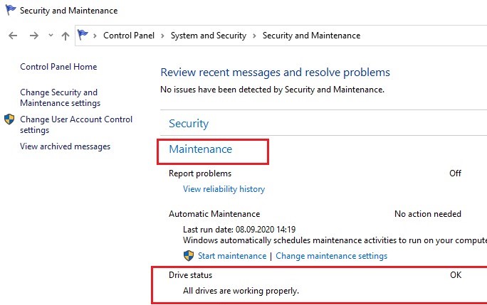 drive check status in the automatic maintenance task on windows 10