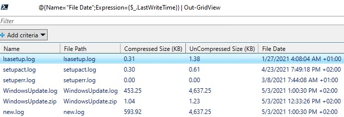 file properties in zip archive: compressed/uncompressed size, last write time