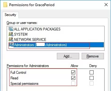 rd grace period reg key grant admin permissions